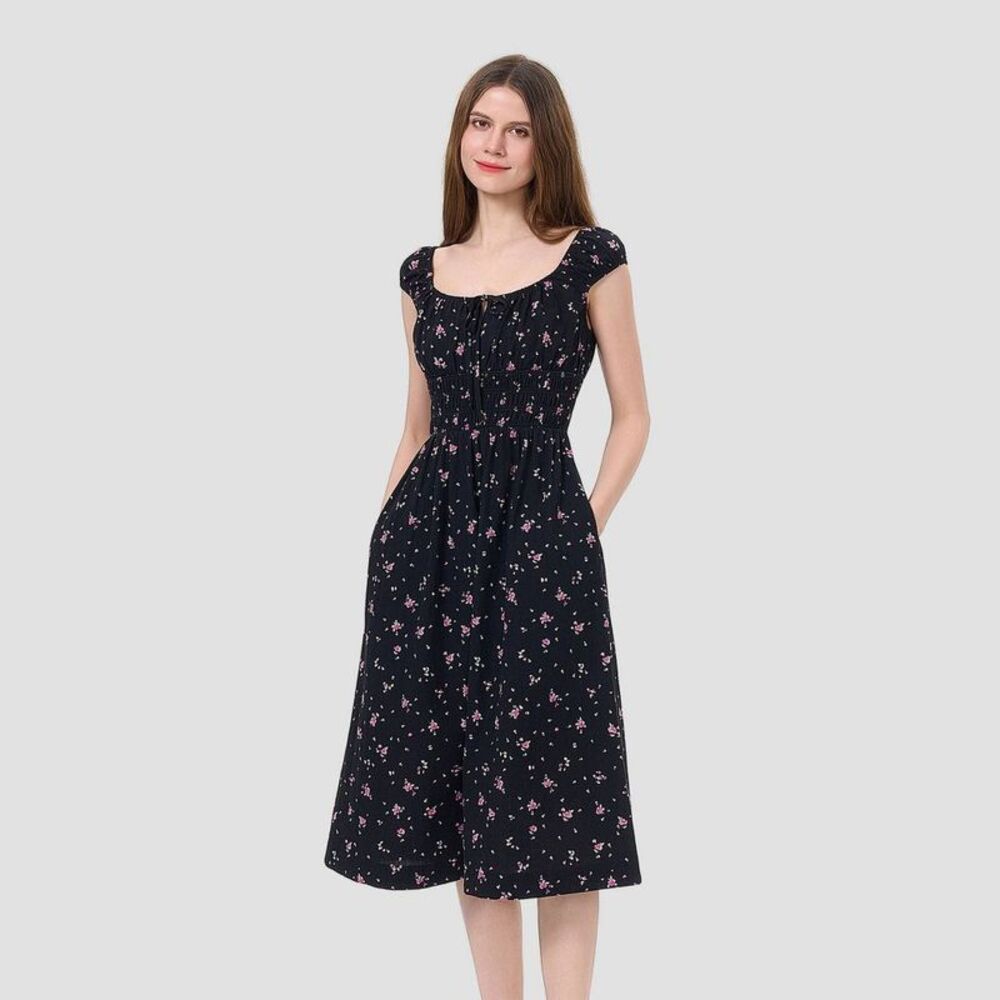 Women's Cap Sleeve Boho Midi Dress - Universal Thread Black Floral M - Picture 1 of 3